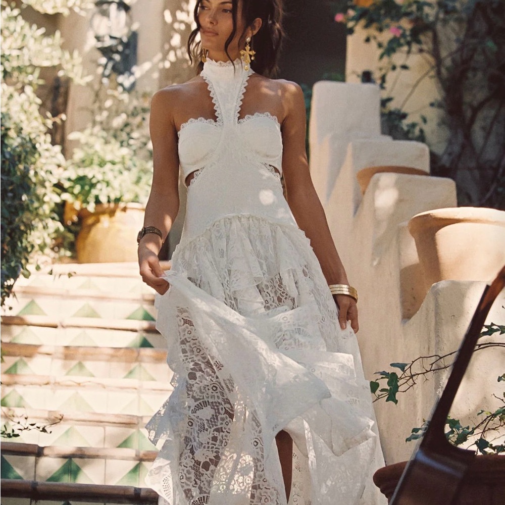 Elegant White Lace Halter Maxi Dress